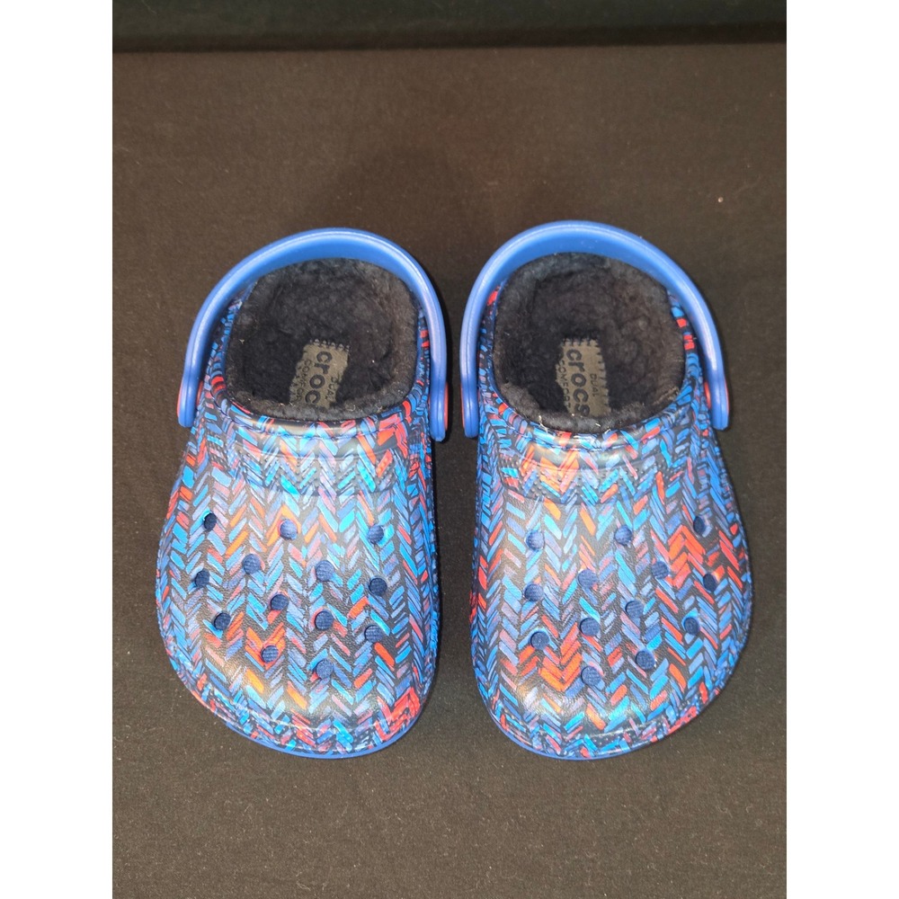Crocs Lined Clogs Blue Multi Chevron Pattern Kids Size 6 Cozy‎ Winter